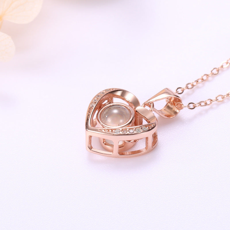 Necklace Female Projection Custom Silver One Hundred I Love You Language Heart-Shaped Pendant Female Clavicle Chain Valentine'S Day Gift