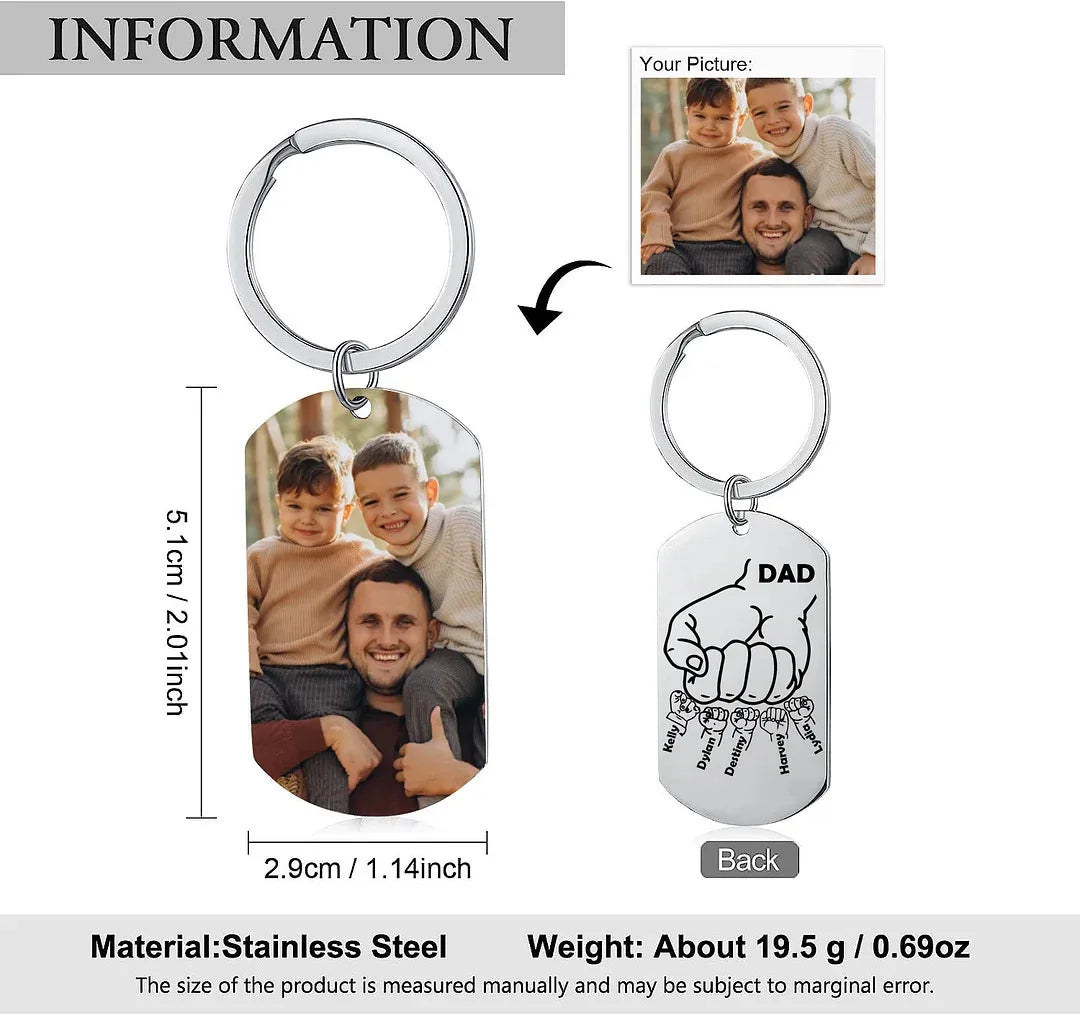 Personalized 1-5 names keychain with Customized Photo Engraved Text Keychain  Double Sided Picture Stainless Steel Dad Keychain