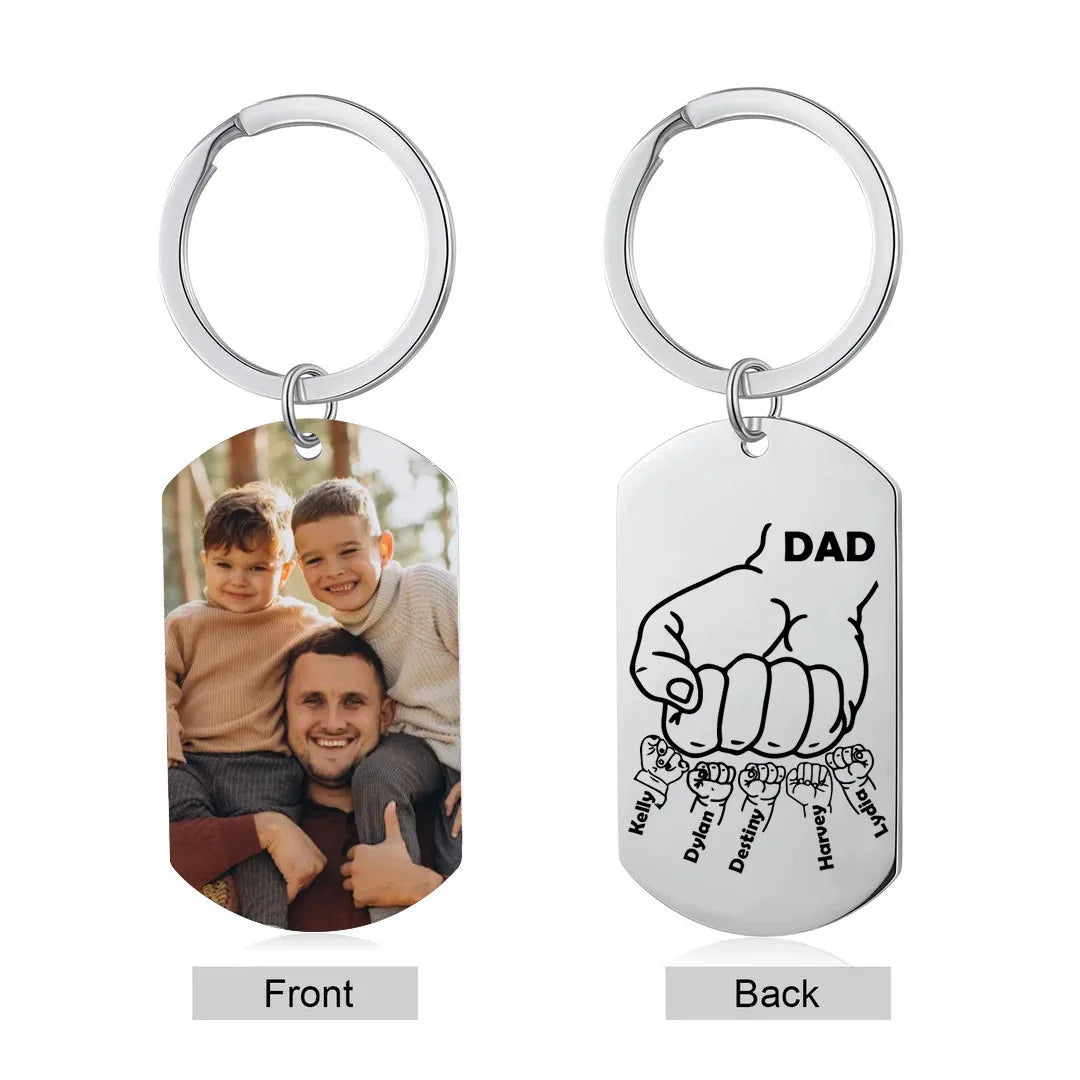 Personalized 1-5 names keychain with Customized Photo Engraved Text Keychain  Double Sided Picture Stainless Steel Dad Keychain