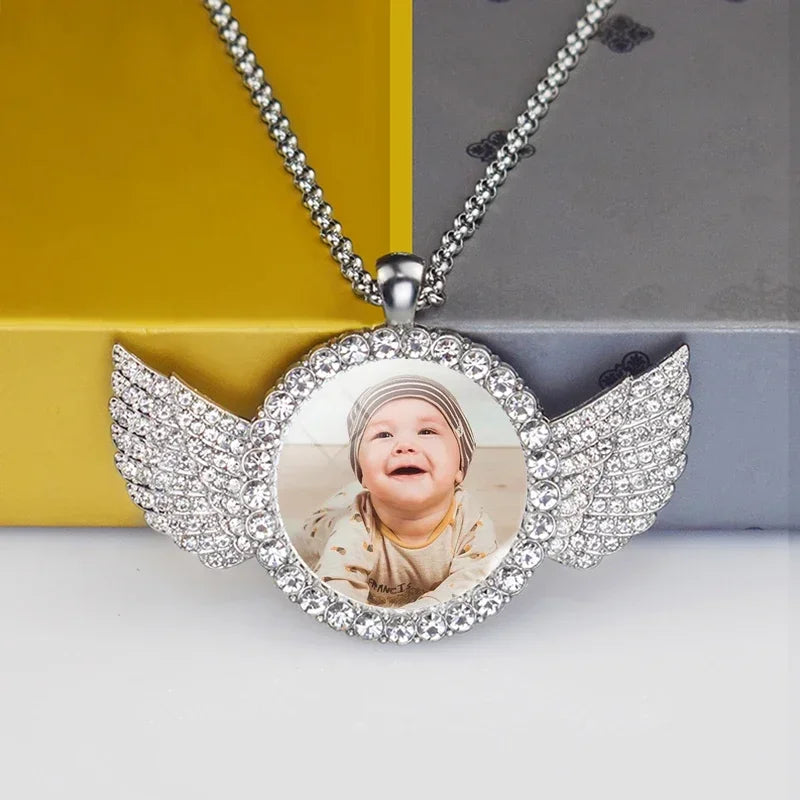 Custom Baby Photo Angel Wings Pendant with Long Chain Rhinestones Necklace Personalized Glass Dome Picture Customized Jewelry