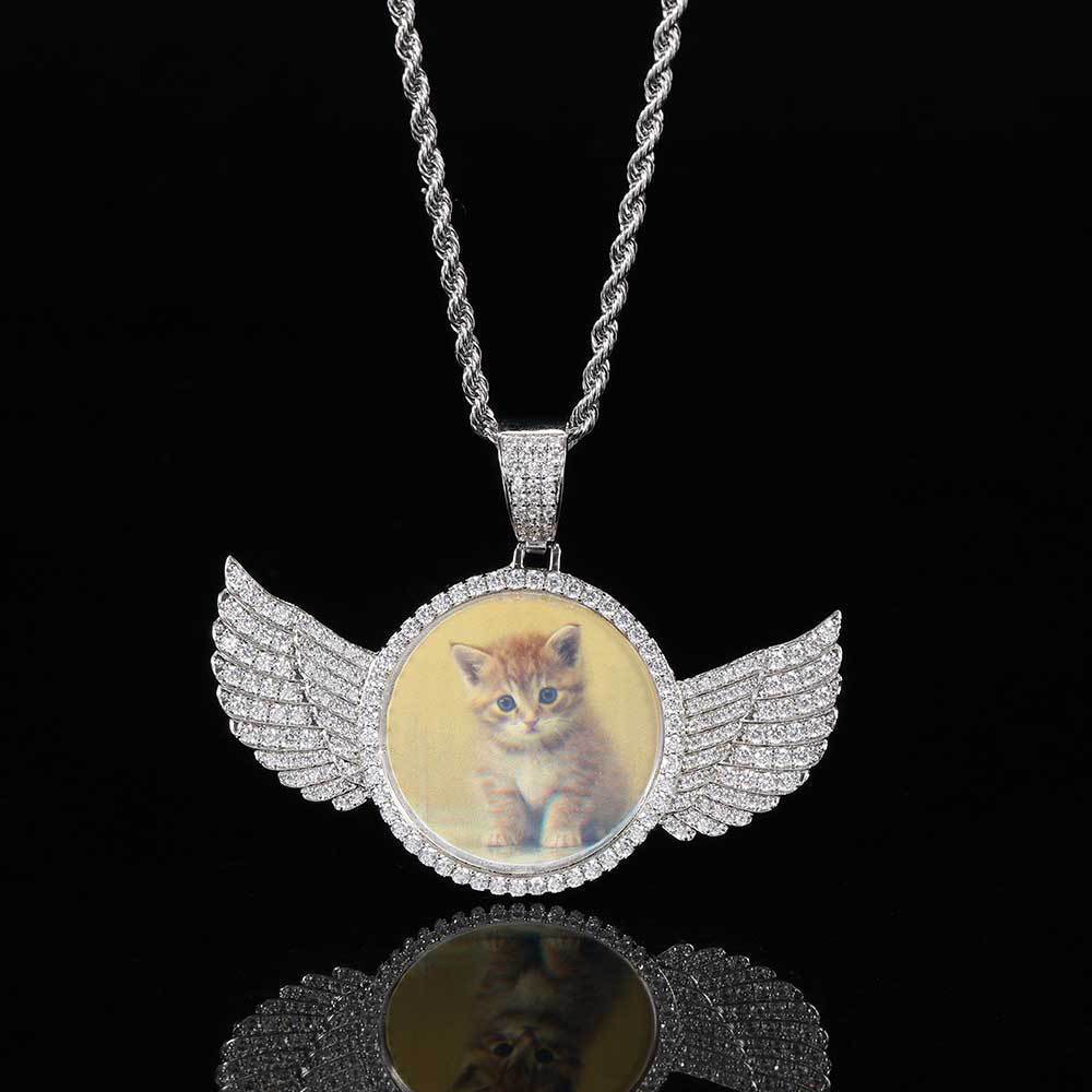 Angel Wings Medallions Custom Photo Pendant Necklace For Men Hip Hop Jewelry Iced Out Pendant Custom Engraved Name Memory Gift